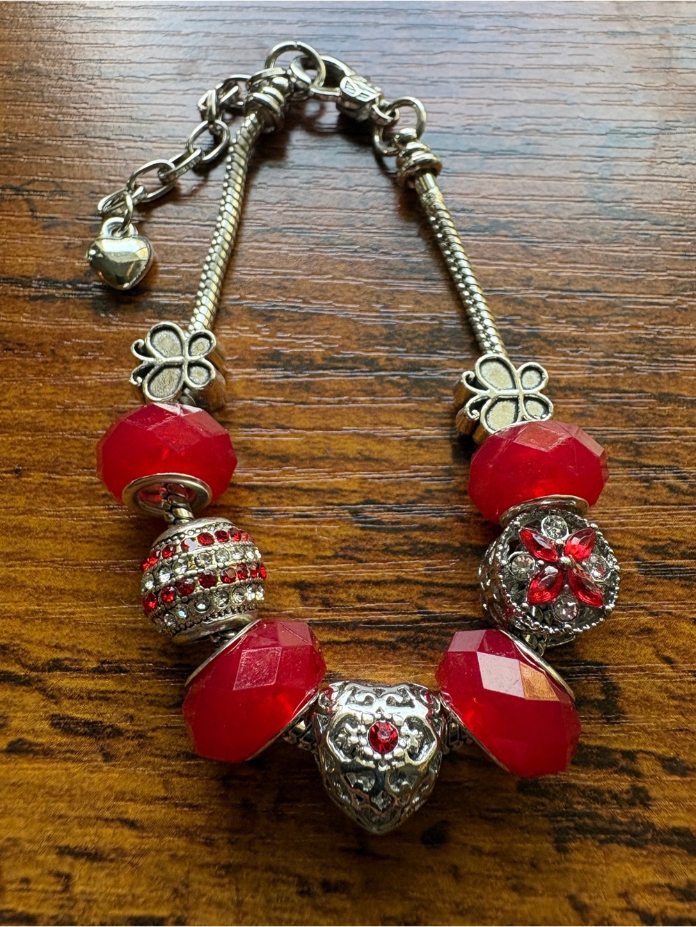 Red Bead Charm Bracelet - Silver Tone